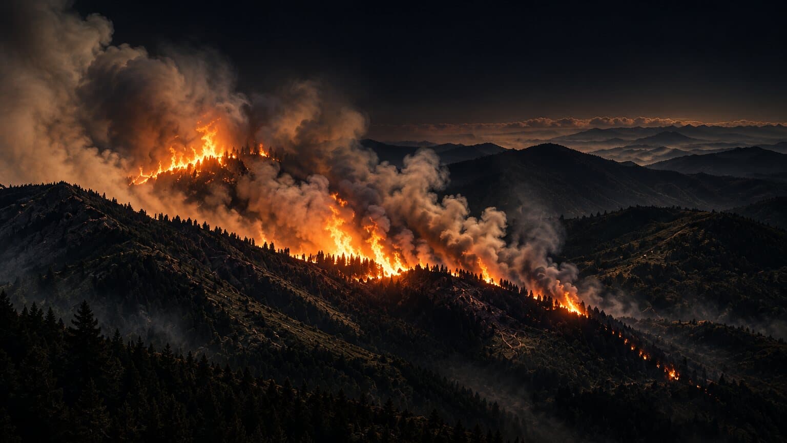 A wildfire burning along a forested mountain ridge at night, smoke rising.